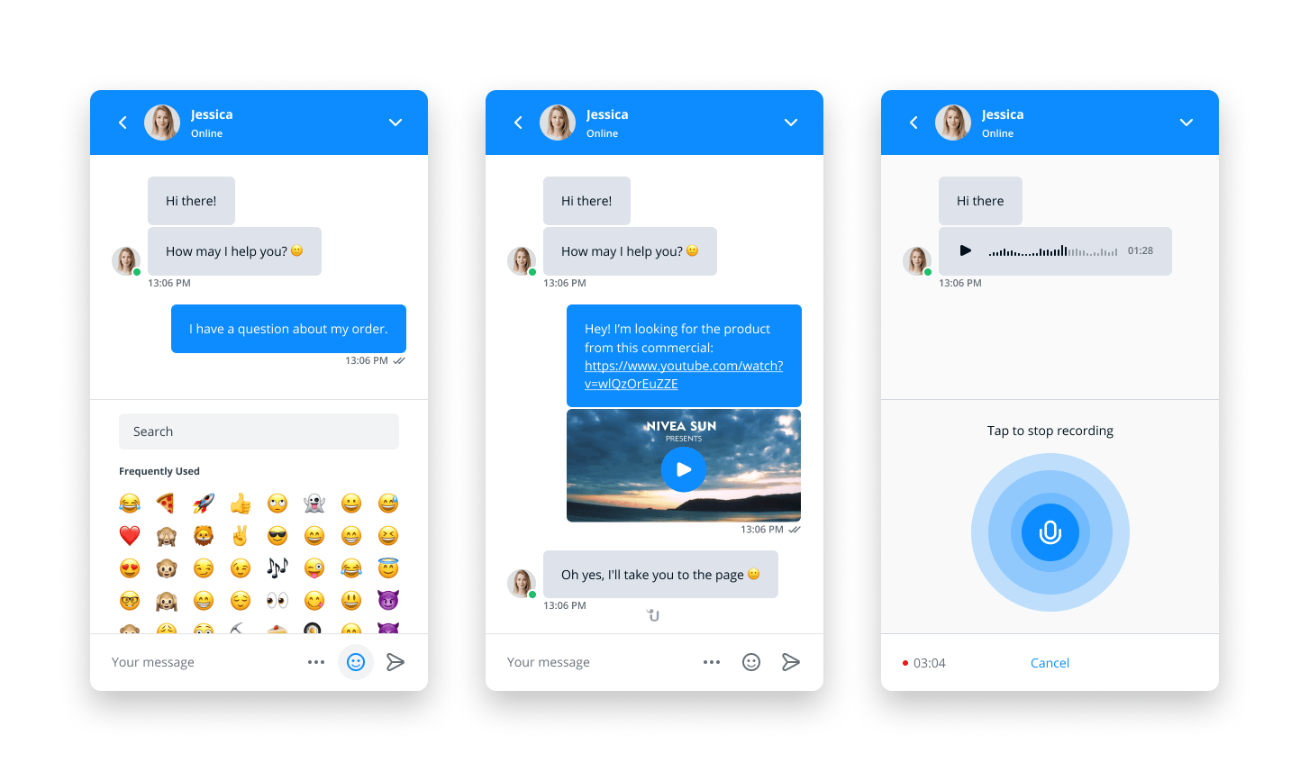 Drei verschiedene Ansichten des Website-Messenger.