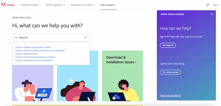 Adobe Help Center with auto-completion