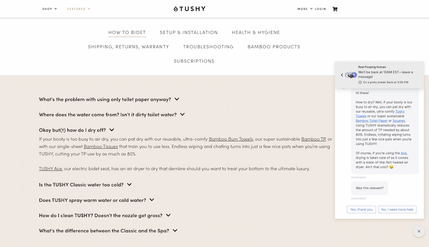 Tushy help center FAQ and chatbot