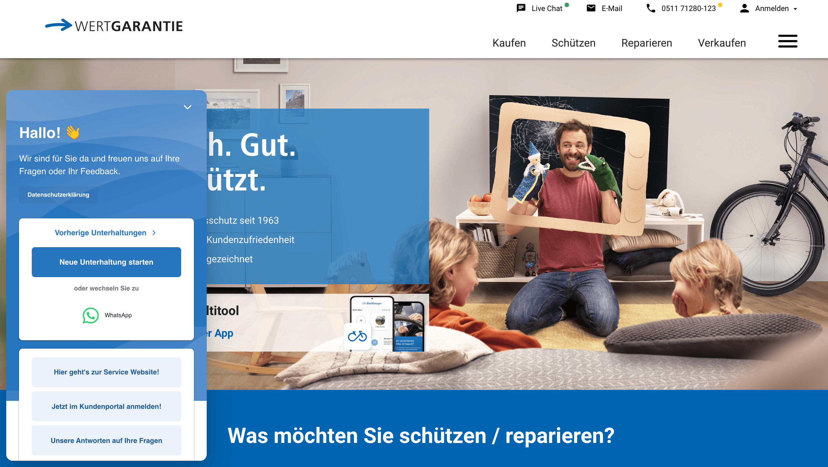 Wertgarantie Wesbite mit Website-Chat und Quicklink zu Smart FAQ
