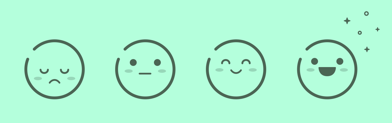 Vier Smileys, die verschiedene Emotionen ausdrücken von traurig bis fröhlich.