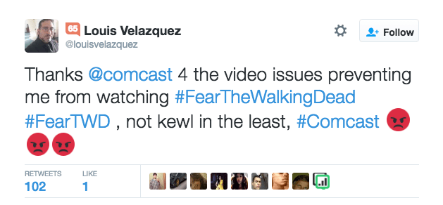 Ein Twitter-User beschwert sich, dass er auf Comcast aufgrund von technischen Problemen nicht The Walking Dead sehen kann