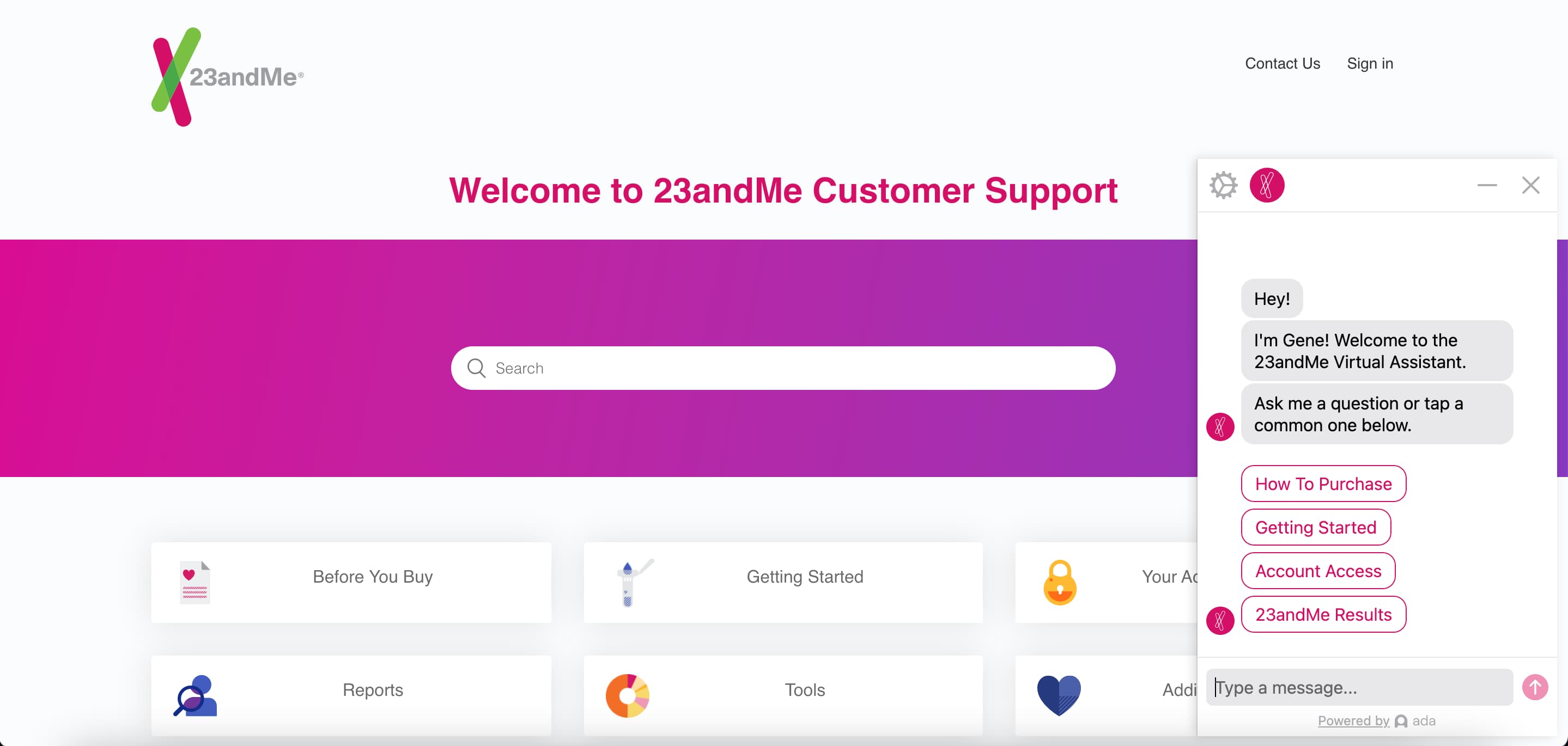 Un ejemplo del chatbot en 23andMe’s que ofrece botones de opción y dirige al cliente a al equipo de asistencia real