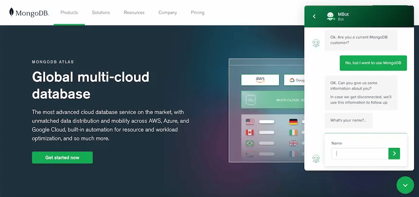 MongoDB's chatbot giving a transparent message