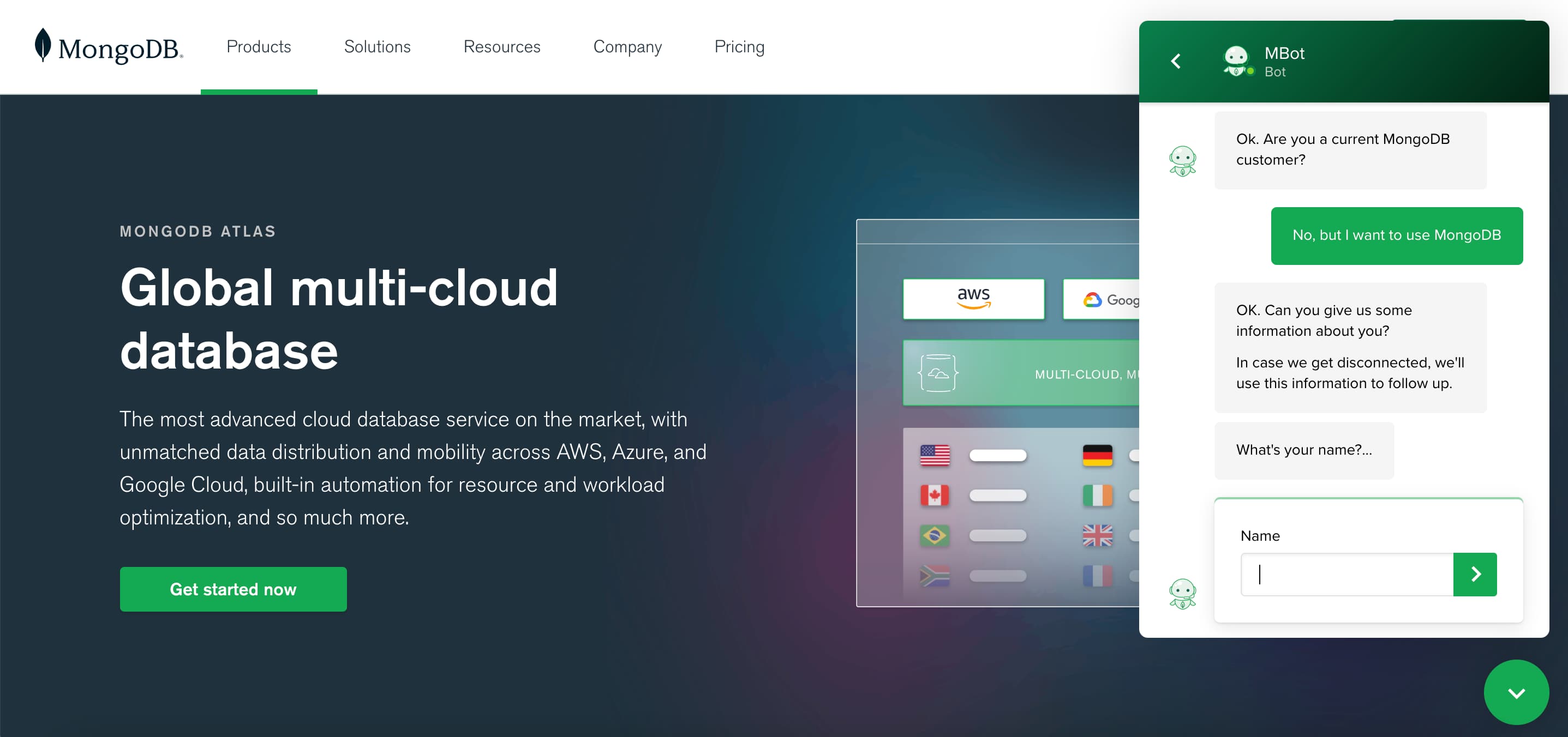 Un ejemplo del chatbot MBot de MongoDB’s en el stio web preguntando por información de contacto del cliente