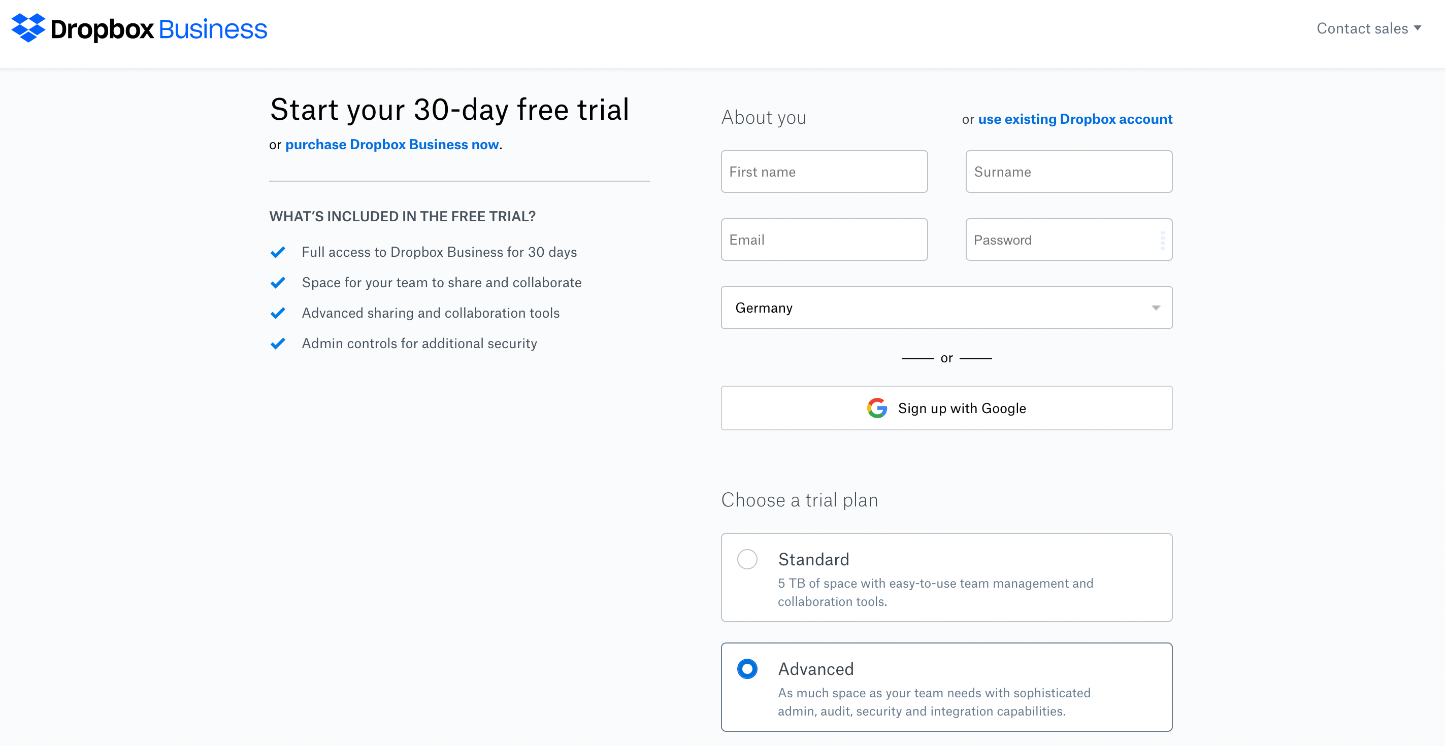 Screenshot of Dropbox’s 30-day trial.