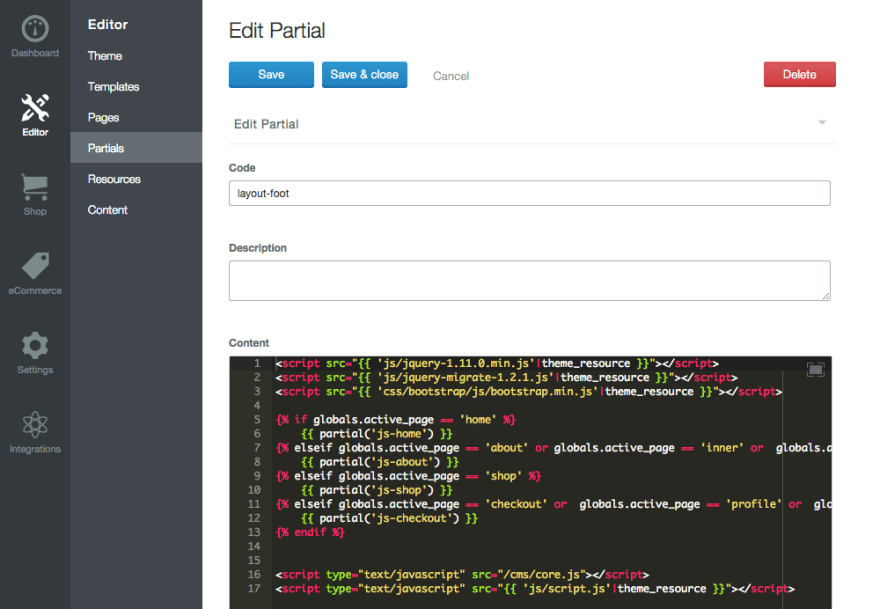 screenshot of backend lemonstand theme code editor