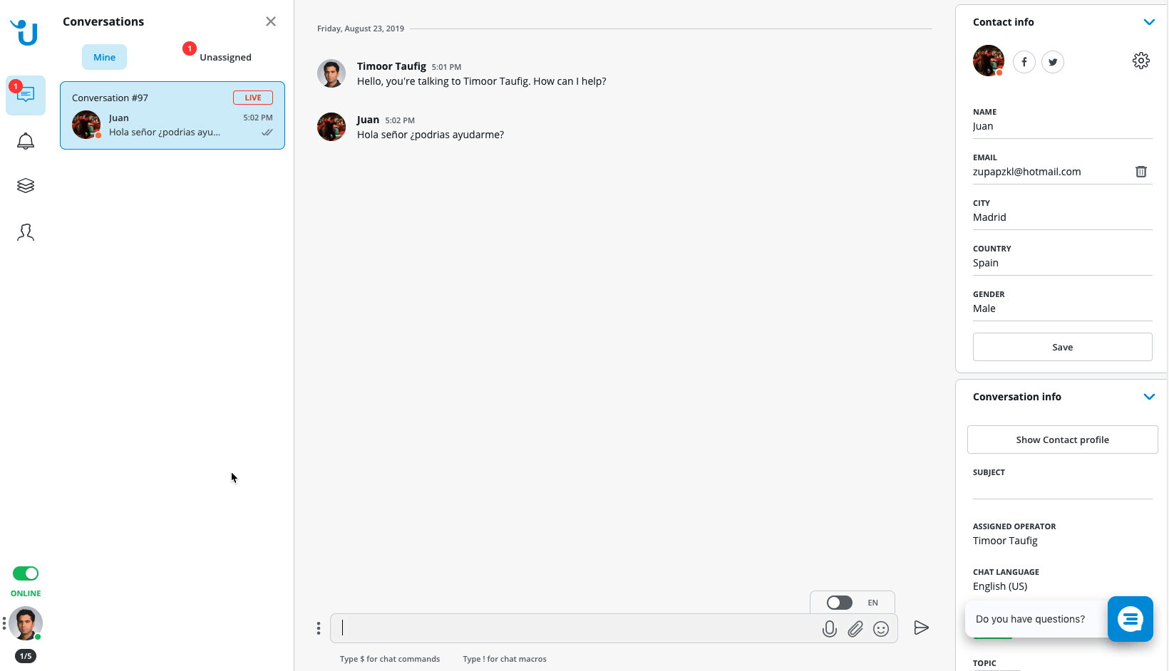 GIF zeigt, wie das Userlike-Übersetzungstool funktioniert