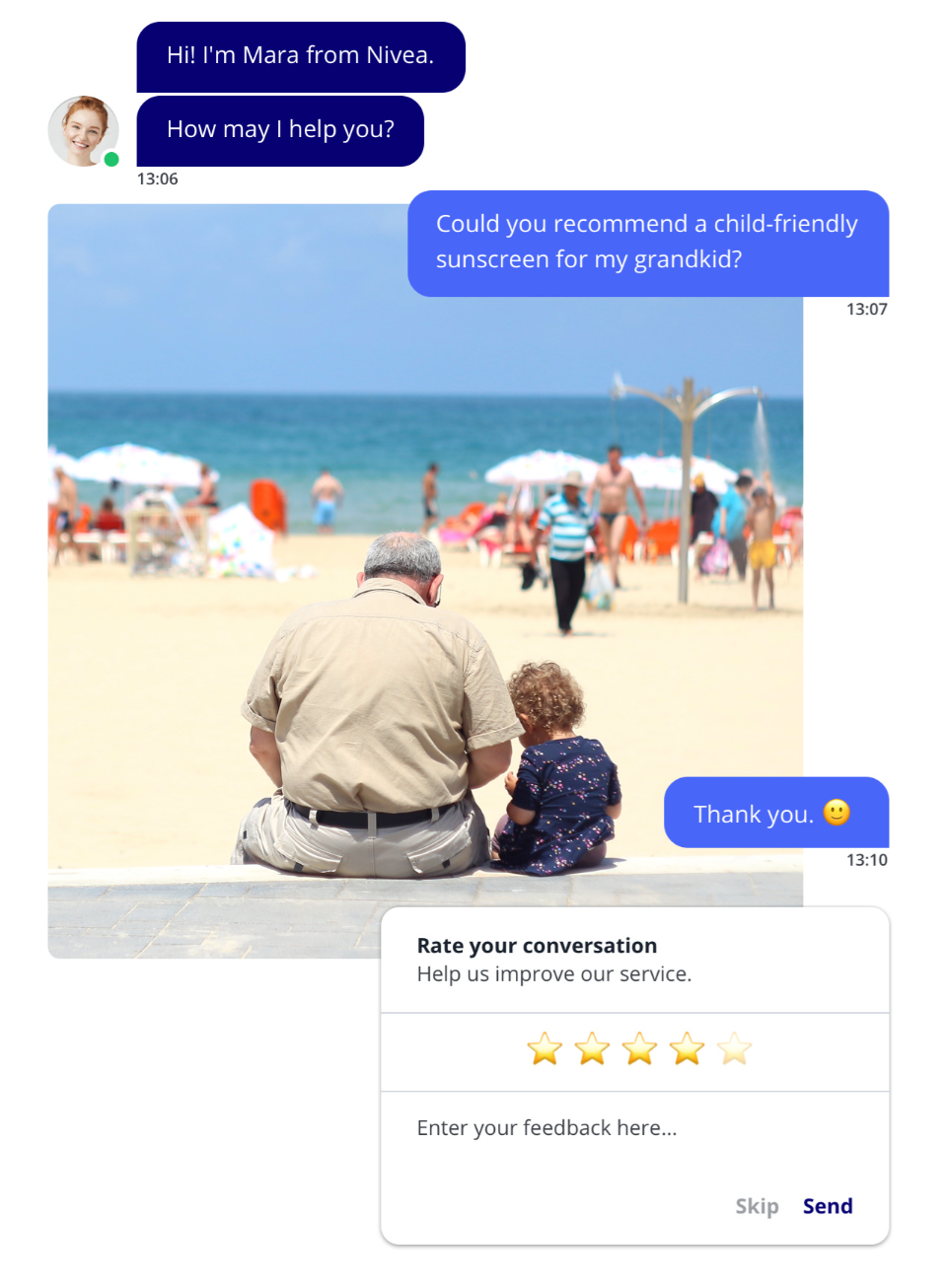 a chat conversation on a sunscreen with a star rating of it