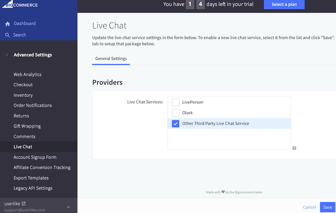 screenshot showing step for adding live chat