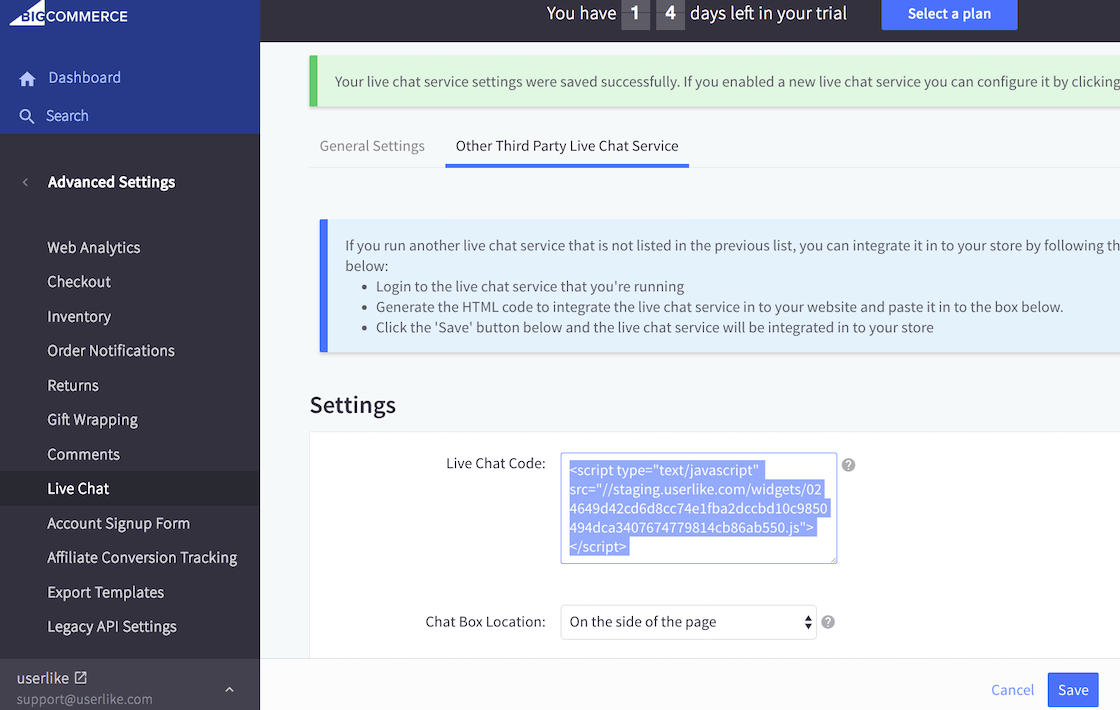 screenshot showing step for adding live chat
