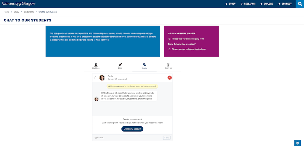 image of student live chat on the University of Glasgow website