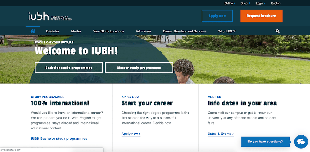 image of live chat widget on the homepage of the IUBH homepage
