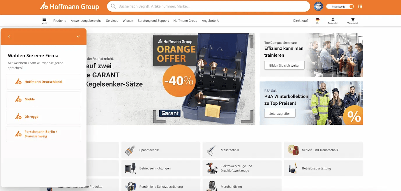 Screenshot der Hoffmann Group Website mit Live Chat die eine Gruppenauswahl zeigt