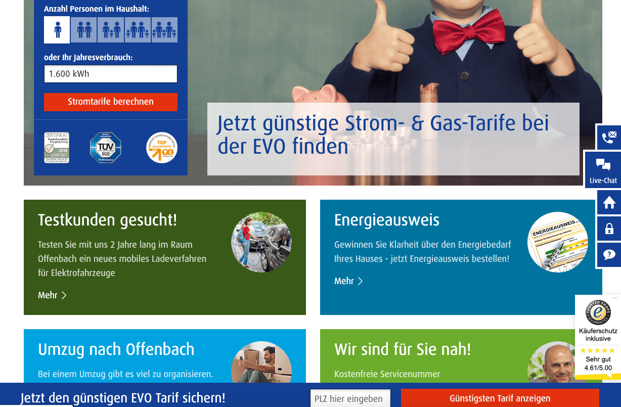 Live-Chat-Fenster auf der EVO Website