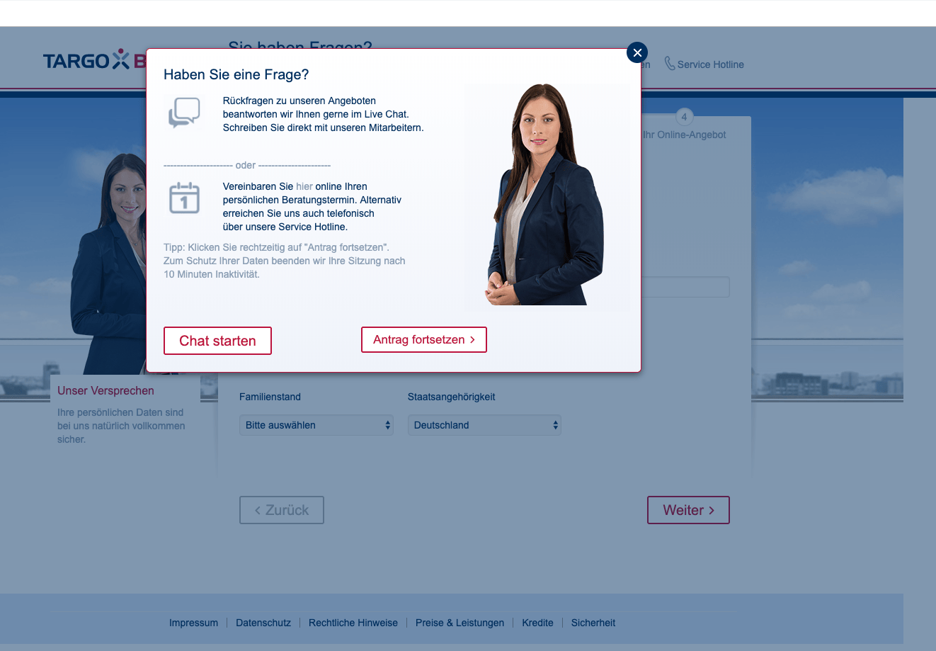 Screenshot of Targobank website offering live chat.