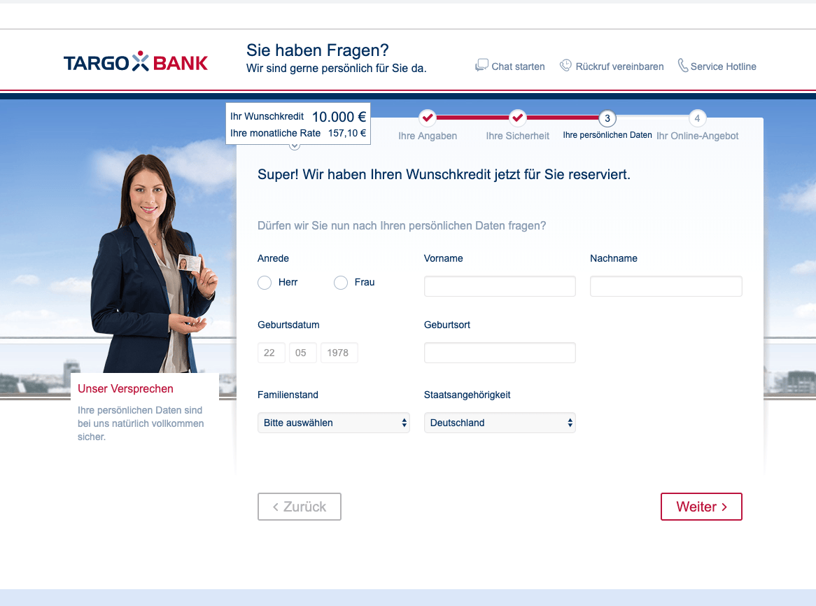 Screenshot of Targobank website offering live chat.