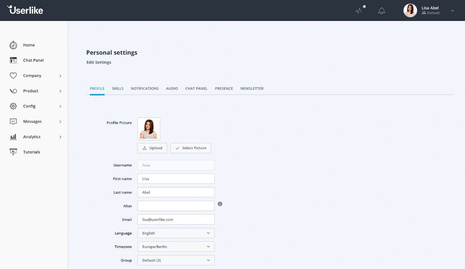 Operator profile section in Userlike dashboard.
