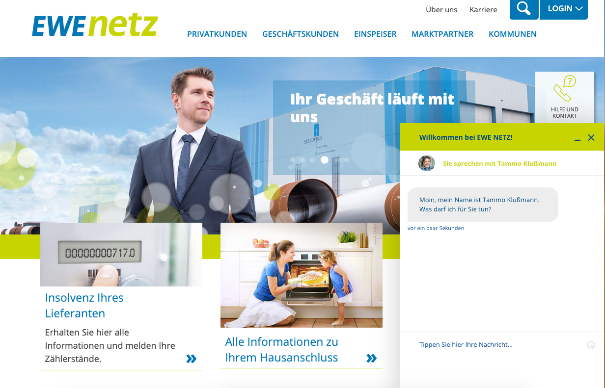 Screenshot shows a Userlike implementation on EWEnetz energy website