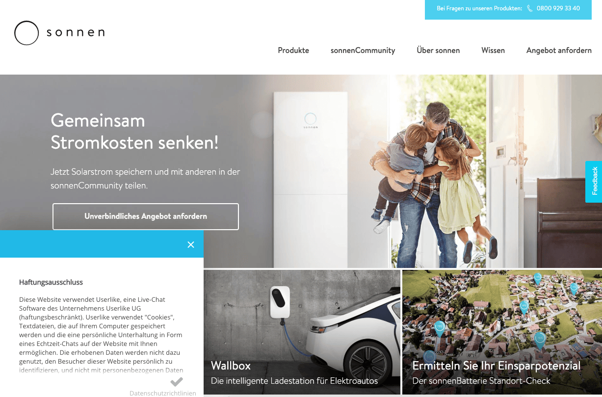 Screenshot shows a Userlike implementation on Sonnen energy website