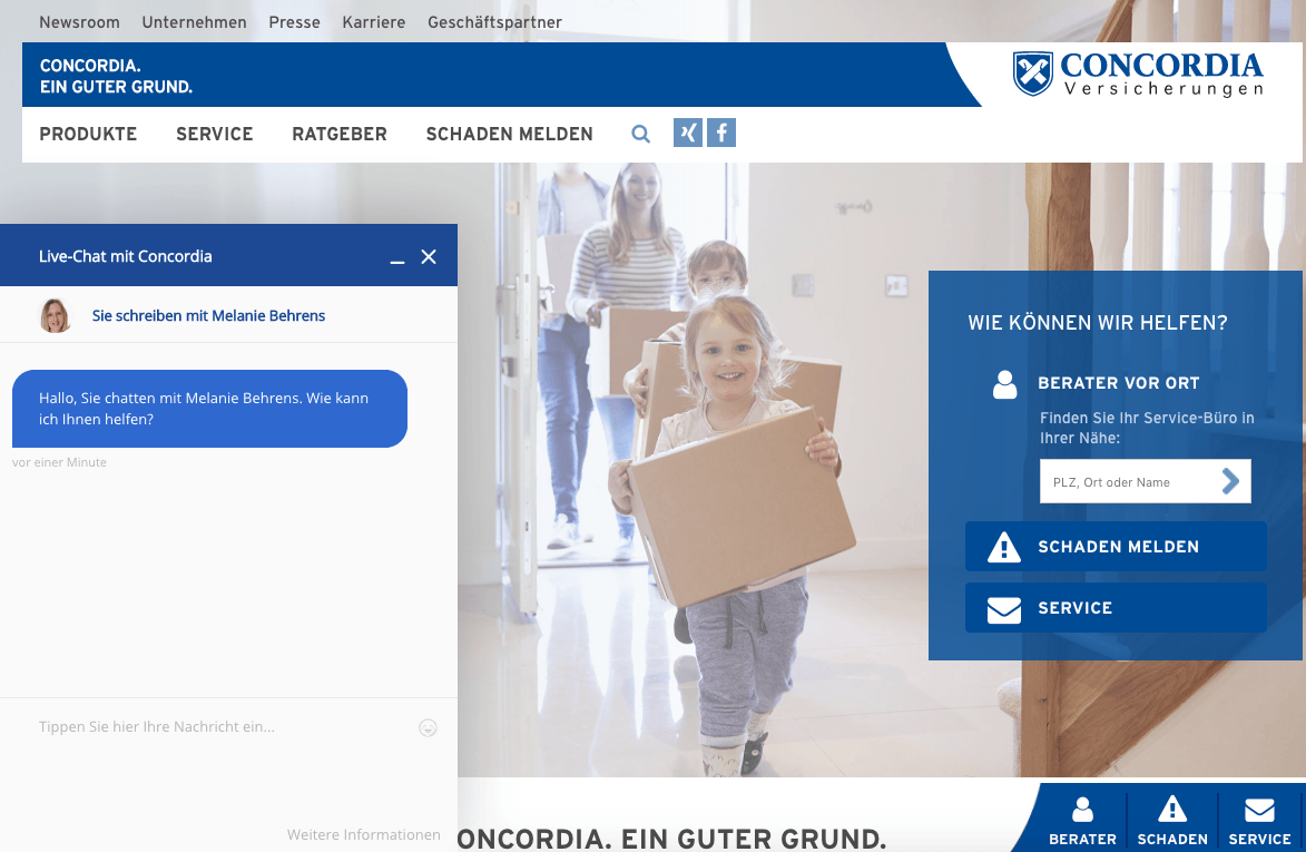 Screenshot of Concordia insurance using personalized live chat.