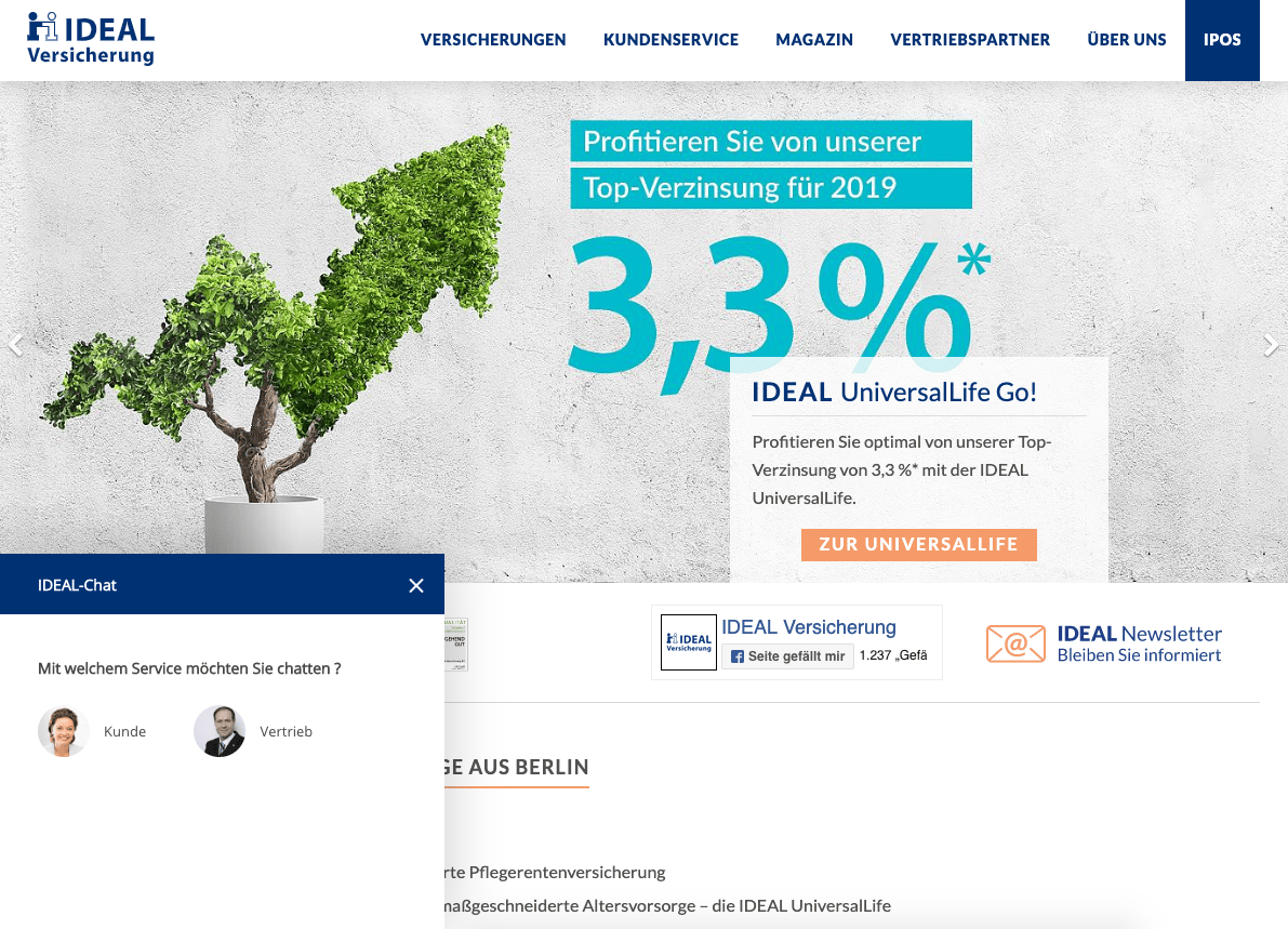 Screenshot of IDEAL insurance website with live chat routing option.