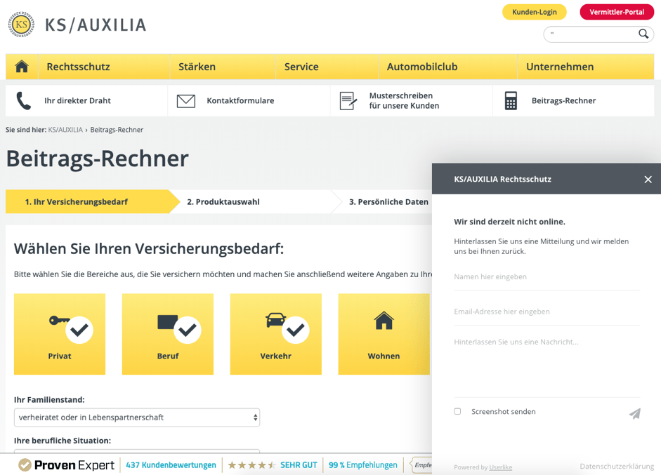 Screenshot of KS Auxelia Insurance policy calculator website with live chat.