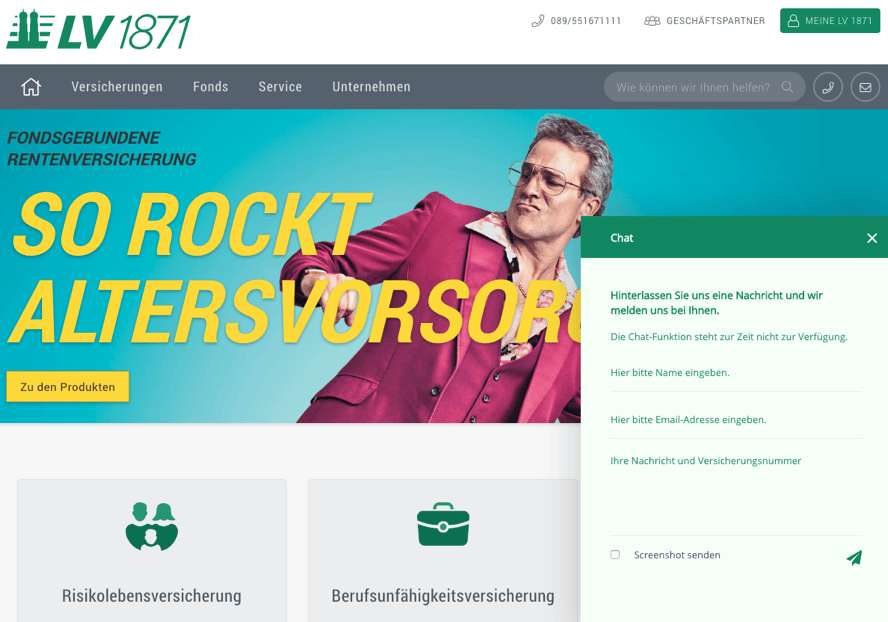 Screenshot von LV1871 Versicherung Live-Chat-Offline-Formular.