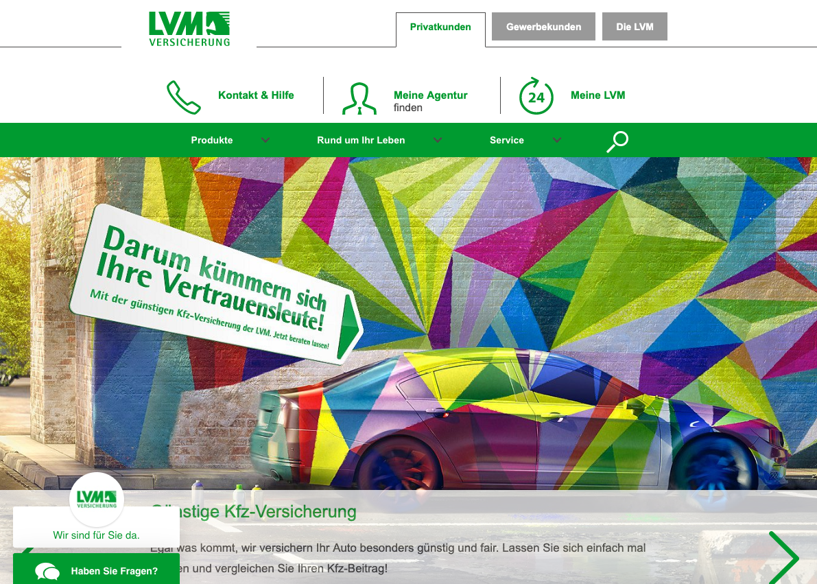 Screenshot of lvm insurance website with chat button banner.