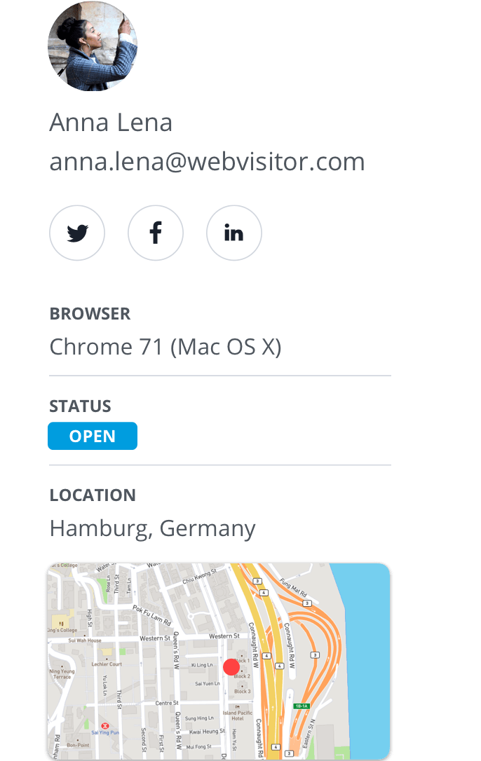 Userlike's Smart Customer Profile feature, with a customer profile as an example.