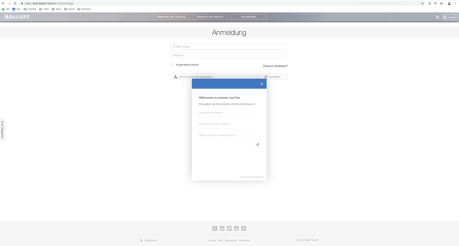 Screenshot shows management log-in area of manufacturing company Balluff