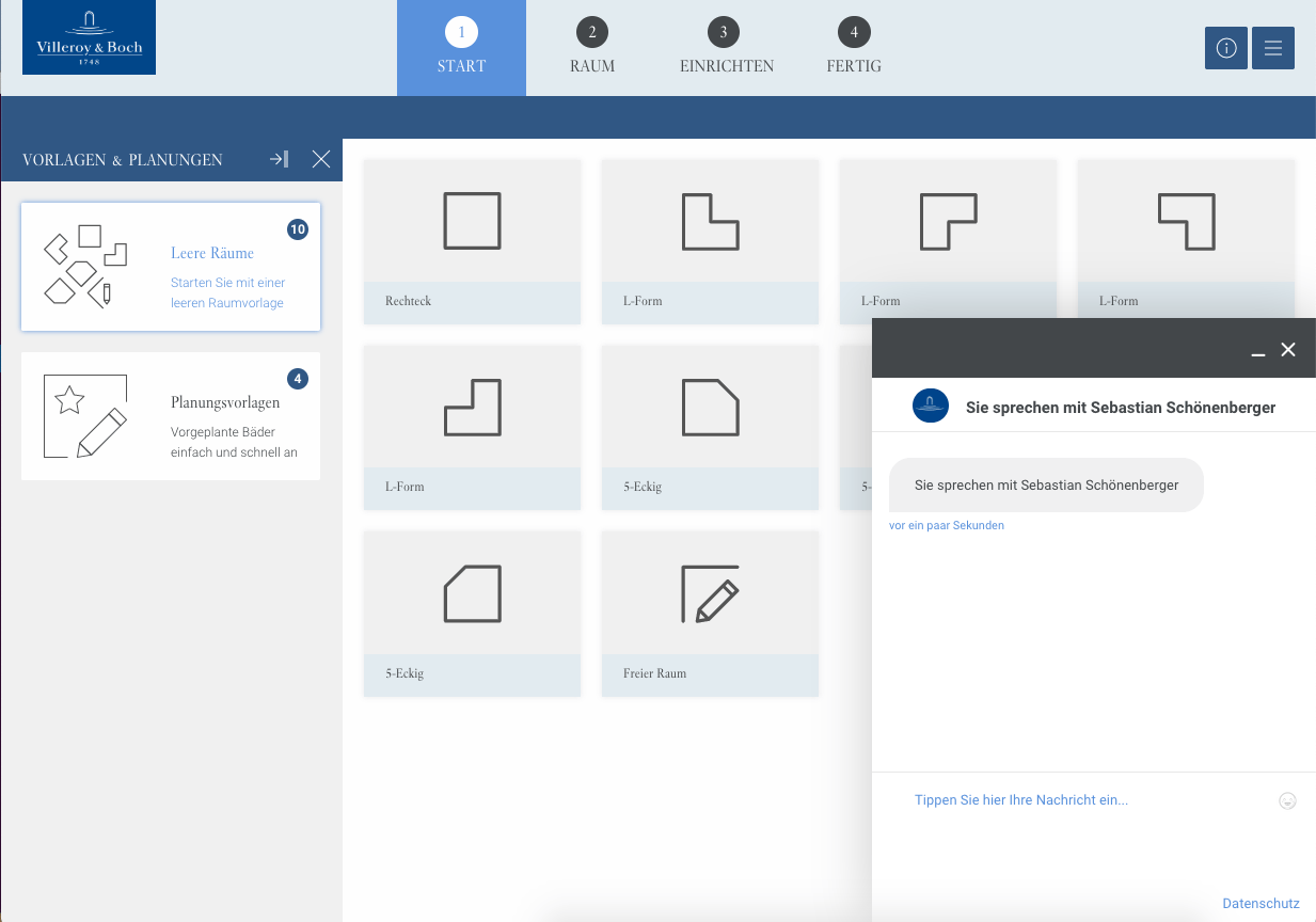 Screenshot shows bathroom builder of manufacturing company Villeroy und Boch