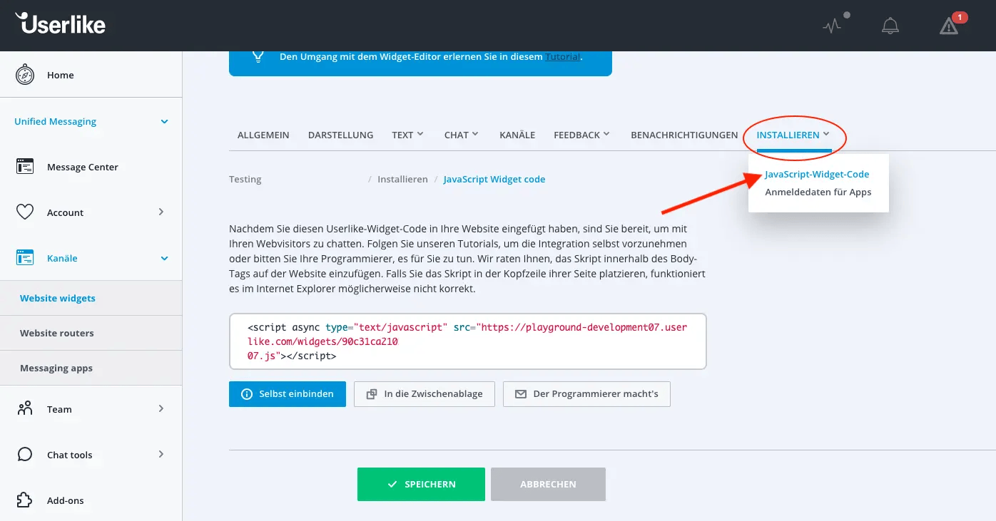 Screenshot von Userlike Live-Chat Dashboard zur Verknüpfung mit Drupal.