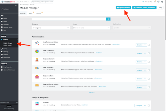 A screenshot of the PrestaShop Dashboard showing how to upload a module.