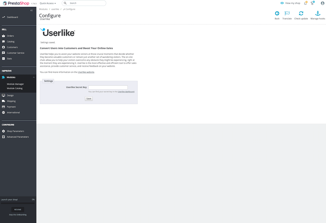 A screenshot of the PrestaShop Dashboard showing how to add the Userlike Widget Secret.