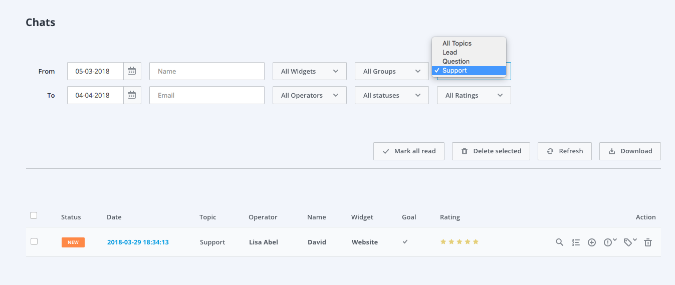 filtros para los chats en el dashboard