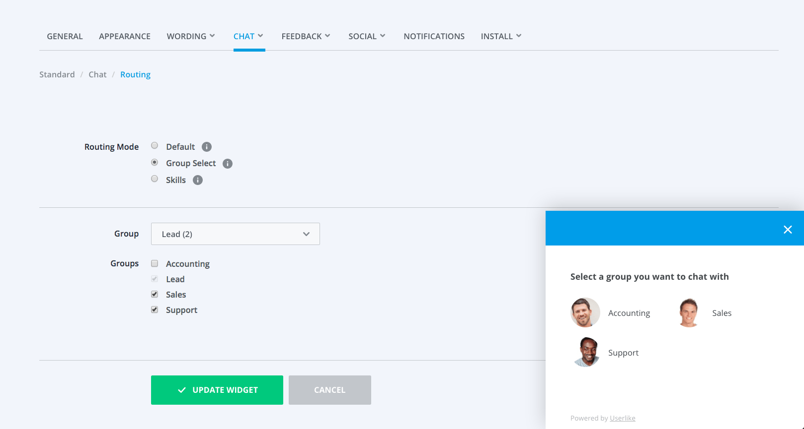 A screenshot of setting up the Group Select routing mode in the Dashboard.