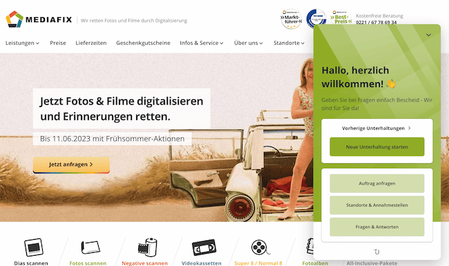 Screenshot der Mediafix-Website mit Userlike Quicklinks im Website Messenger