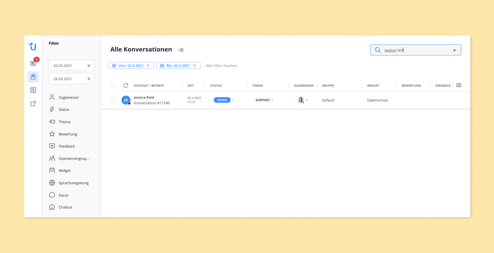 Suchfunktion für Unterhaltungen in Userlikes Message Center.