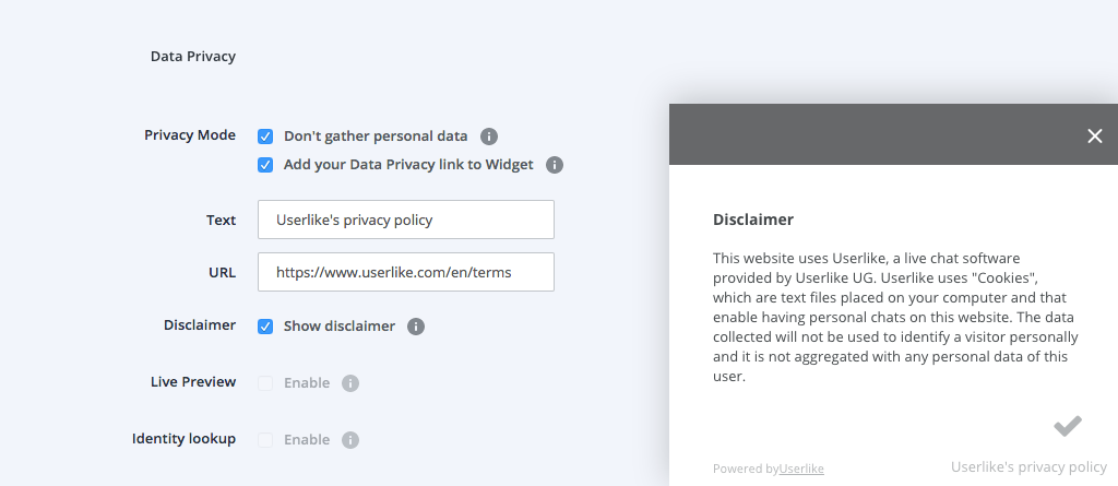 screenshot dell’impostazione della funzione del disclaimer della privacy dei dati della chat di Userlike