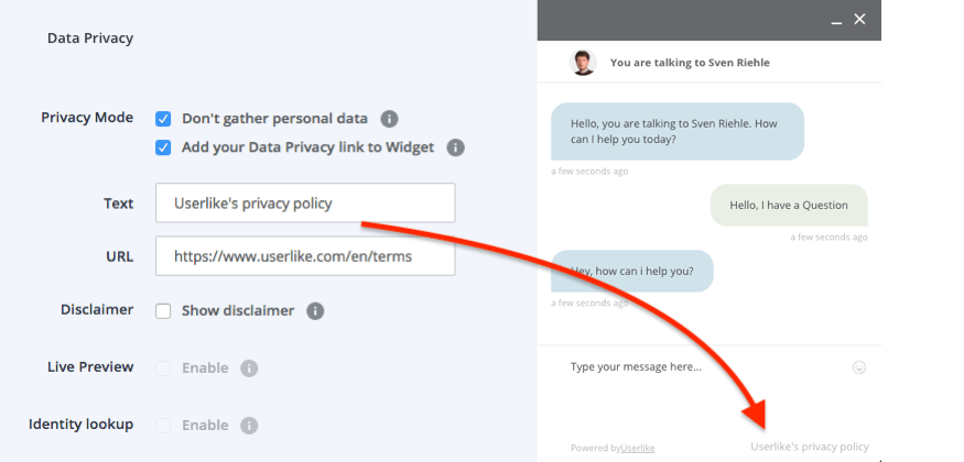 uno screenshot dell’impostazione della funzione del link della privacy dei dati della chat di Userlike