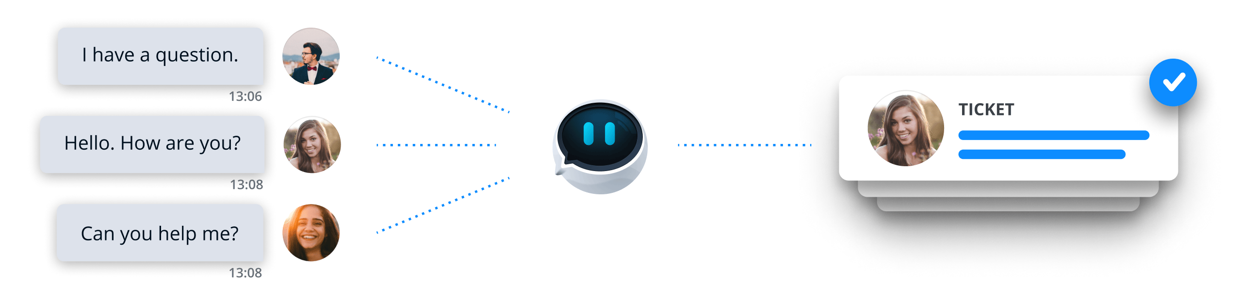 Ein Chatbot erstellt ein Ticket für einen Service-Agenten, um drei eingehende Chats zu verfolgen