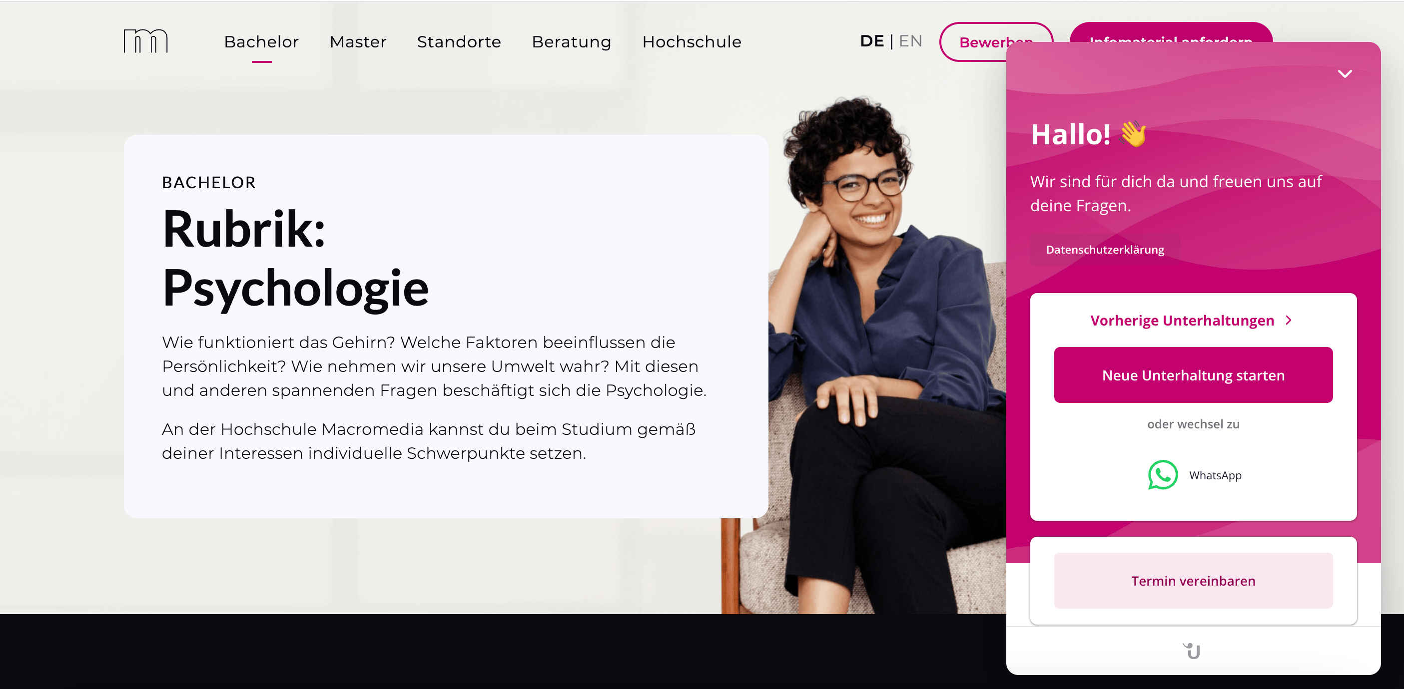 Bild der Website der Macromedia Hochschule mit Userlikes Messenger Board