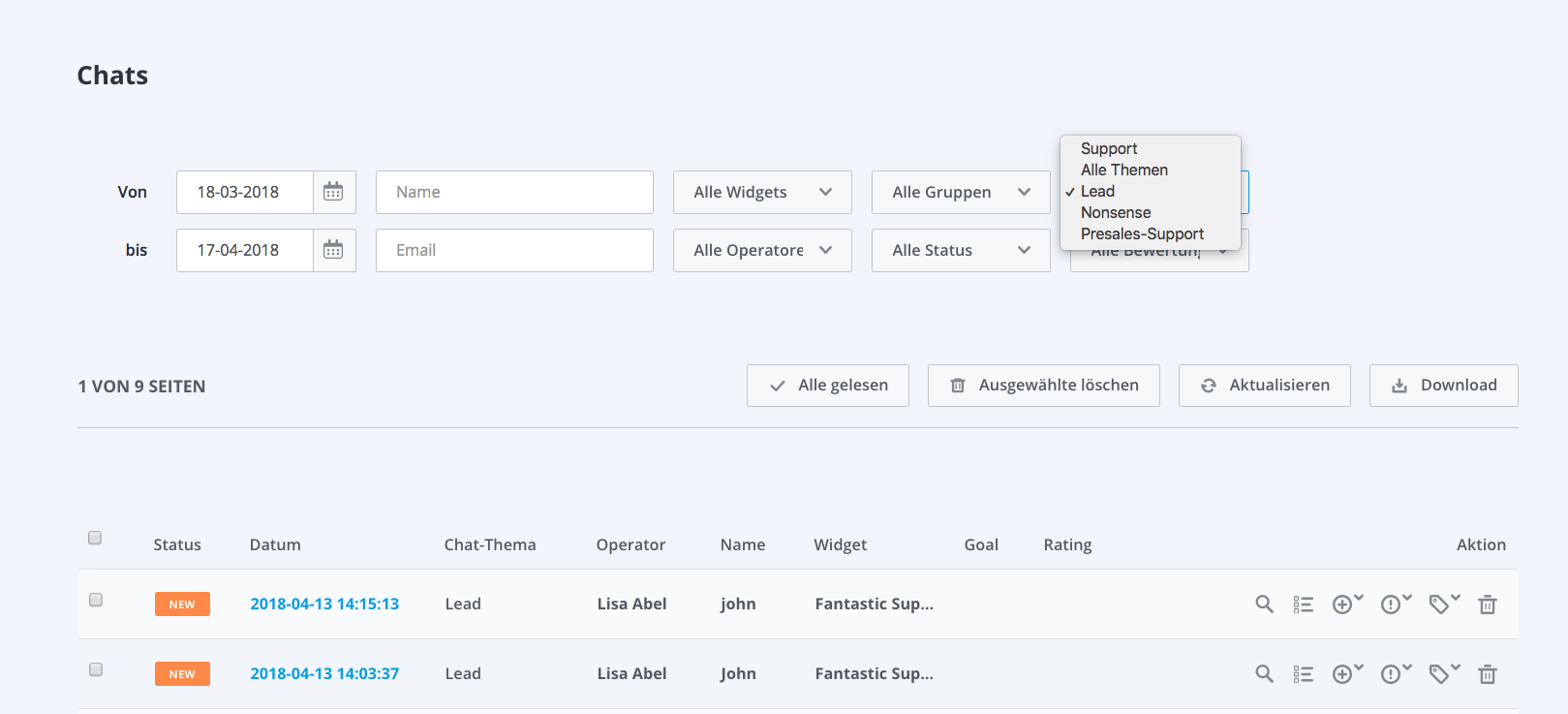 Capture d'écran de la fonction de recherche de chat de Userlike.