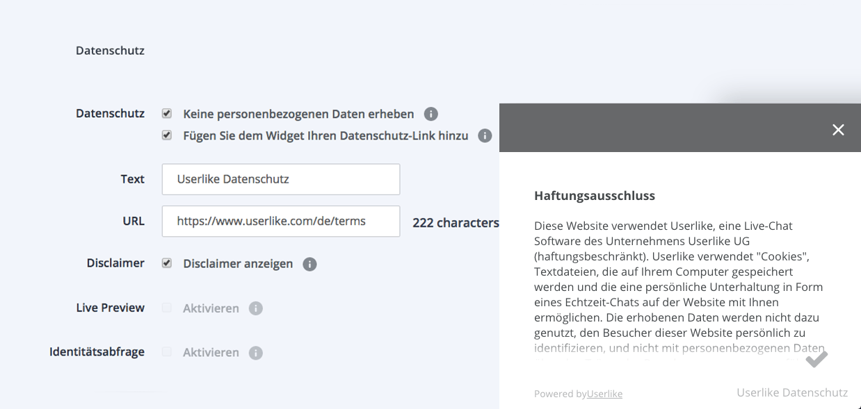 Une clause de non-responsabilité avant le début du chat peut être activée dans le tableau de bord Userlike.