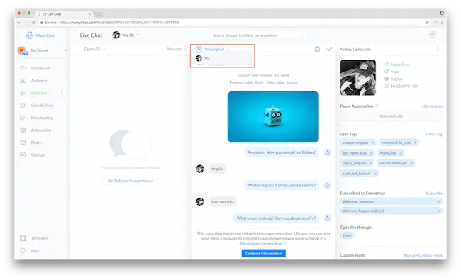 Bild des Manychat Message Centers