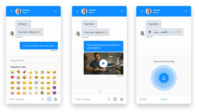 Three screens of the Website Messenger next to each other, showing modern messaging features.