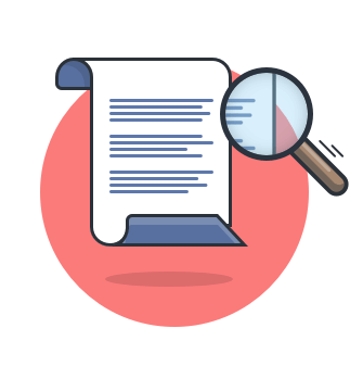 cartoon of paper and magnifying glass