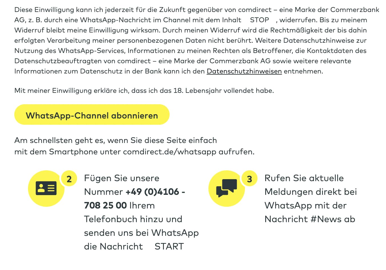 Mobile Screenshot von der Anmeldung zum News-Chatbot von comdirect über WhatsApp