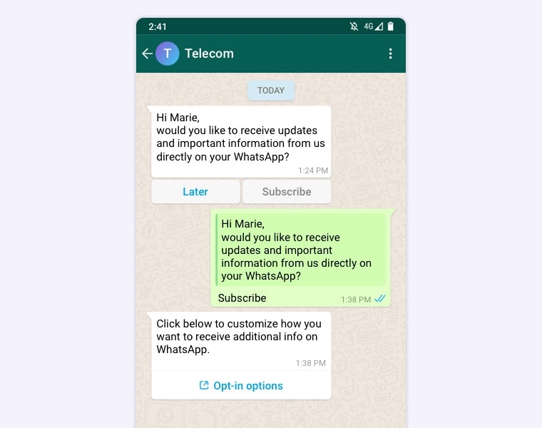 screenshot of Telecom asking for customer's permission to send information via WhatsApp